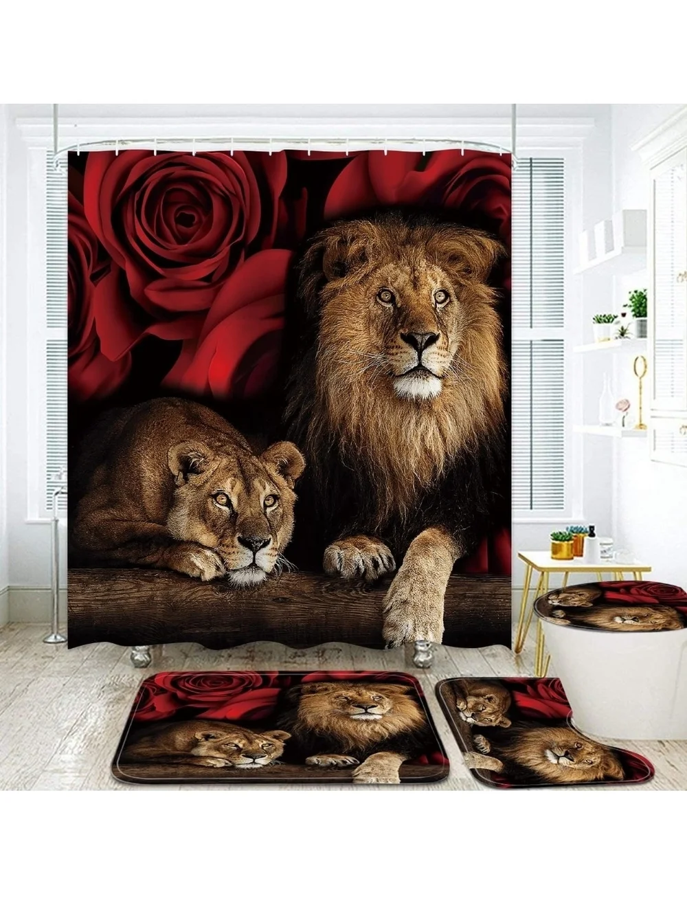 Lion & Rose Bathroom Set Shower Curtain and Rugs - Red Brown
